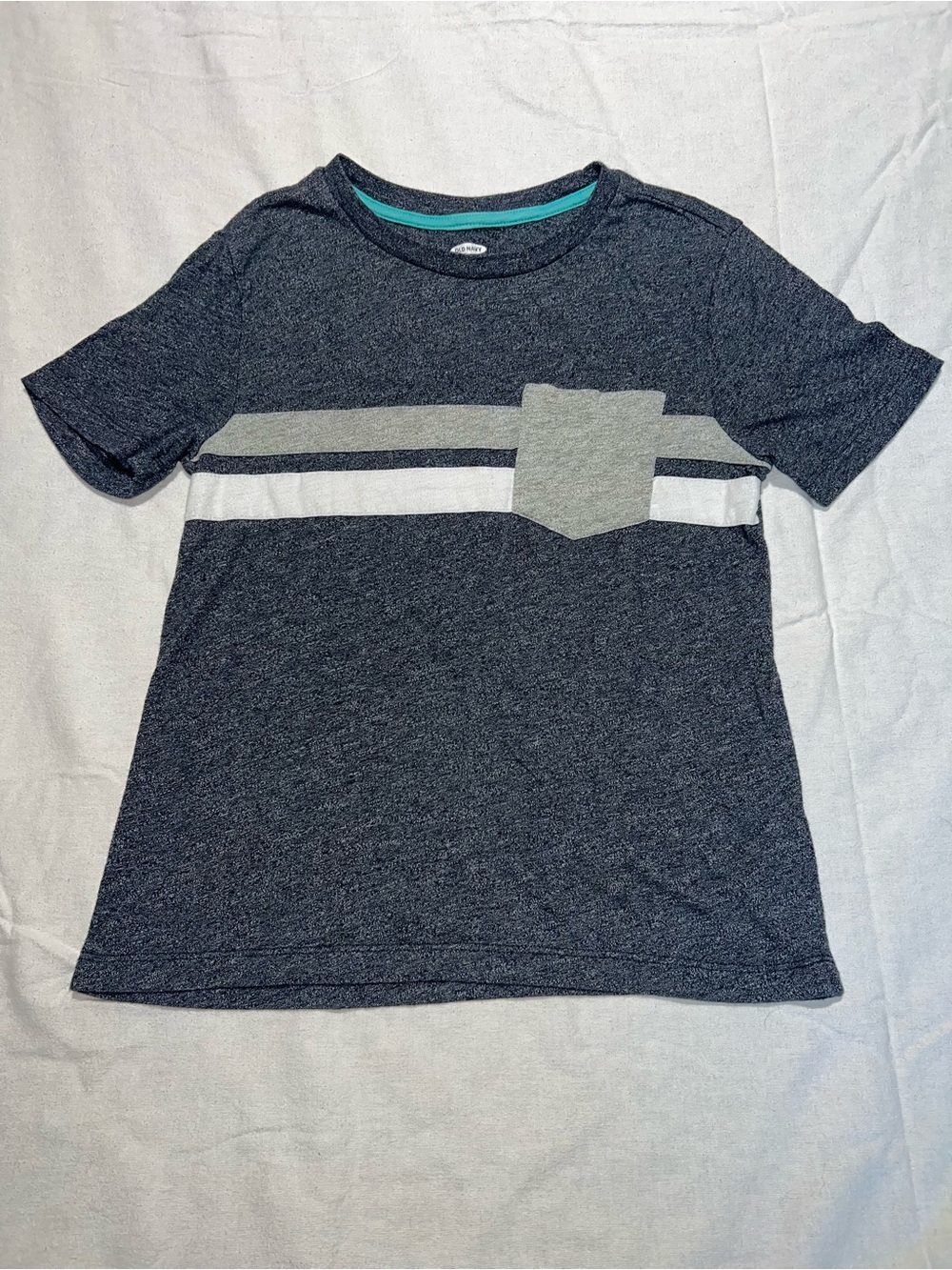 Old Navy Boys Heather Navy Blue Gray White‎ Striped Pocket Short Sleeve Tee M 8